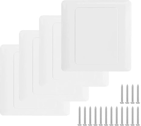 4-Pack Hidden Screw Design Blank Faceplate for Wall Socket, Flat Cover for UK Standard Pattress Boxes, Flame-Resistant Polycarbonate, Round Edges, White with Screws