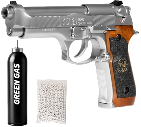 Pistola gas scarrellante softair M92 full metal, POTENZA 0,9 JOULE, calibro 6mm, caricatore 27 colpi, hop-up regolabile, sicura/semi-auto, 220mm 950g