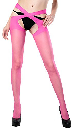 PrettyLoveHose Collant Voile Suspendu Porte Jarretelle Ouvert (Noir, Rose) (Rose Fluo)