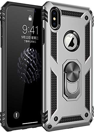 BestST Coque Apple iPhone XS Max, Silicone Souple et PC Dur Coque avec Support Béquille Métal Multi-Angles Etui, Protection Double Couche Multi-Fonctionnel Housse pour Apple iPhone XS Max - Argent