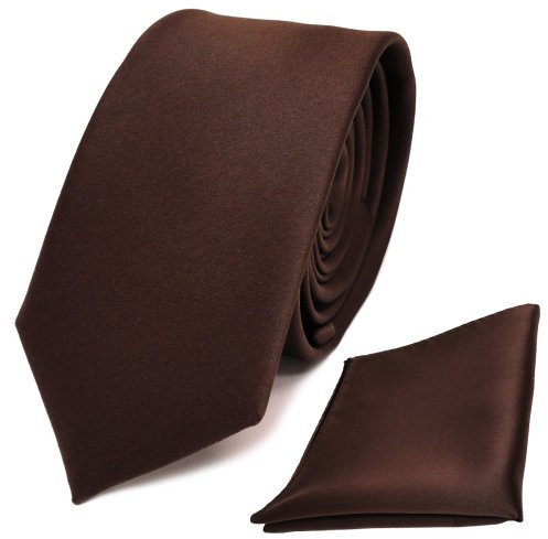 TigerTie - schmale Designer Krawatte Einstecktuch in braun dunkelbraun einfarbig uni
