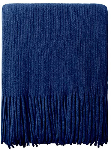 NTBAY Acrylic Knitted Throw Blanket, Lightweight and Soft Cozy Decorative Woven Blanket with 18 cm Tassels for Travel, Couch, Bed, Sofa, 130x170 cm, Royal Blue Striped