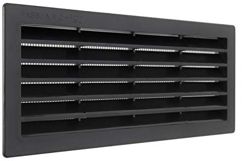 La Ventilazione P25R2510N Rejilla de ventilación rectangular de plástico negro empotrable con red antiinsectos. Dimensiones: 254 x 108 mm, 254x108 mm