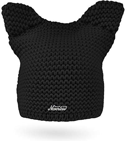 Neverless® Damen Strickmütze Katze Katzenohren Winter-Mütze Grobstrickmuster Strick-Beanie schwarz