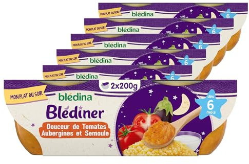 Blédina - Blédiner - Plat du soir pour bébé - Dès 6 Mois - Douceur de Tomates Aubergines et Semoule - 2x200g - Pack de 6