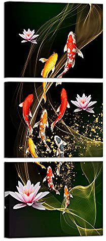 Canvbay 3-teiliges Leinwandbild mit neun Koi-Fischen, Feng Shui, Glückskarpfen im Lotusteich, traditionelle chinesische Malerei, gerahmte Galerie-Leinwand, 30.5 x 40.6 cm x 3 Stück