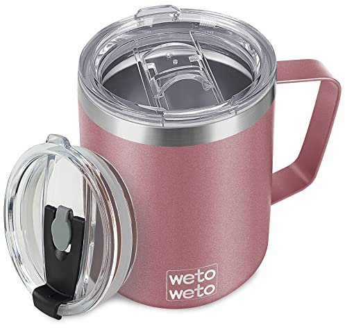 WETOWETO Coffee Mug with Handle, 14oz Insulated Stainless Steel Coffee Travel Mug, Double Wall Vacuum Reusable Coffee Cup with Lid, Powder Coated Rose Gold