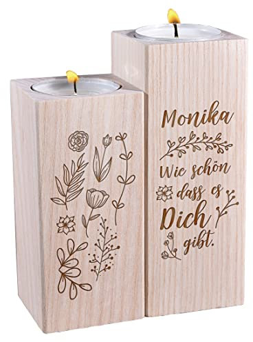 Kerzenständer 2er-Set aus Holz mit personalisierter Gravur - Motiv: Blumen - mit Namen - veganes Naturprodukt - widerstandsfähig - Deko, Tischdeko - Geburtstag, Weihnachten - Oma, Großmutter