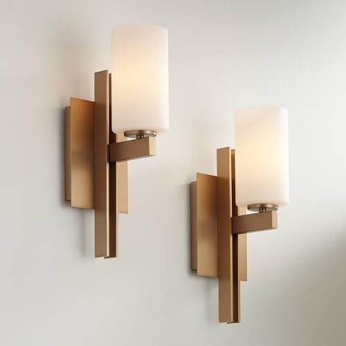 Possini Euro Design Ludlow Modern Wall Light Sconces Set of 2 Burnished Brass Gold Hardwired 4 1/2 Fixture Frosted White Glass Shade for Bedroom Bathroom Vanity Living Room Home Hallway Dining