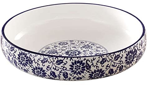 Ensaladera De Cerámica Cuenco Grande para Servir, Plato Sopero Grande Blanco Profundo Y Azul-20x20x6cm, 1000ml