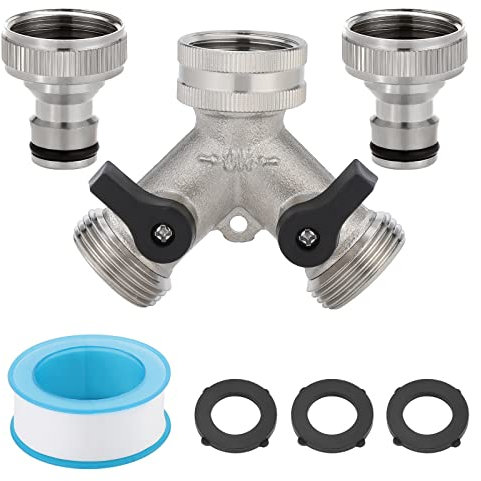 Fippy 2 Wege Wasserhahn Verteiler 3/4 Zoll aus Metall, 2 Wege Gartenschlauch Verteiler mit Einzelnen EIN Aus Ventilen, Y-Verteiler Wasserhahn Verteiler für Waschmaschine und Garten