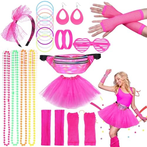 Kareeran 80er Jahre Accessoires Outfit, 90er Jahre Outfit Damen Mottoparty Neon Kleidung Tutu Rock Spitze Schleife Stirnband Ohrringe 80er Jahre Outfit Set Karneval Halloween Party,Rosa,Einheitsgröße