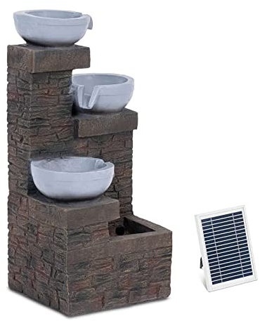 hillvert HT-SF-110 Fontaine de jardin solaire 3 bols sur kit mural éclairage LED batterie lithium 5 m câble polyrésine jeu d'eau solaire fontaine jardin