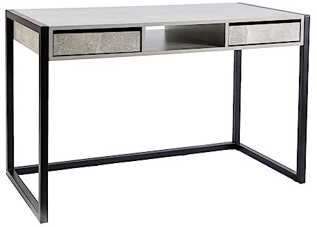 Home Source Toronto Office Computer Desk Workstation, 2 Drawer Shelf Storage, Black Metal Legs, Grey