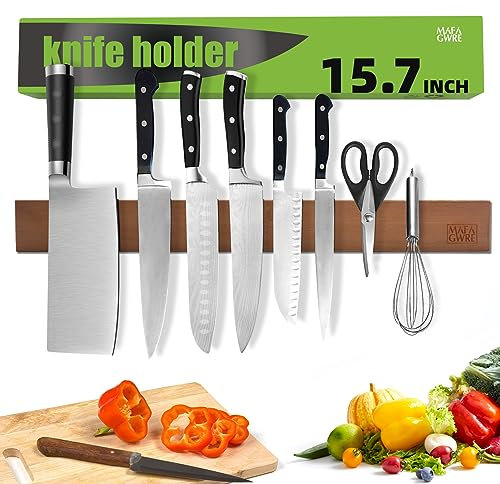 Mafagwre Porte Couteaux Aimanté en Bambou, 40CM Barre Magnetique Porte Couteau, Mural Montage Port Porte Couteaux De Cuisine-pour Couteaux et Outils, avec Adhésif Bande (Couteaux Non Inclus)