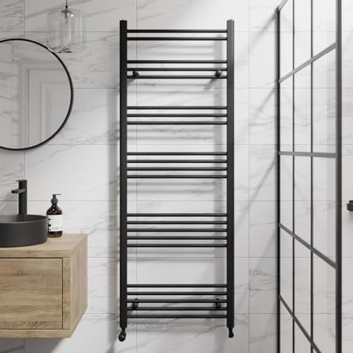 DuraTherm® 1600 x 600mm Flat Straight Heated Towel Rail Radiator Modern Central Heating Bathroom Warmer Wall Mounted Ladder Rad, Matt Black