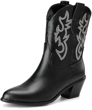 Donne Western Stivali da cowboy with Embroidered Moda Retrò Classico Basic Mid Calf Wide Calf Stivali Cowgirl per donne Ragazze Le signore nero Numero 33