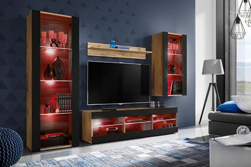 Komodee Wohnwand Wohnzimmerset Tivoli Medio, Schwarz/Wotan, Breite 245cm x Höhe 159cm x Tiefe 35cm, LED RGB, für Wohnzimmer, Schlafzimmer