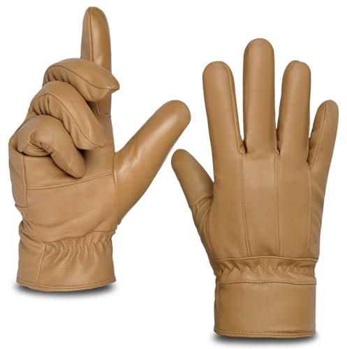 Harssidanzar Herren Lederhandschuhe Lammfell Touchscreen Handschuhe Fell gefüttert Winter Warm Fahren Lederhandschuhe SM043EU,Kamel,Größe L