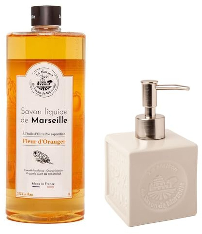 Maison Du Savon De Marseille - Orange Blossom Liquid Soap with White Ceramic Dispenser - 1 Litre Refill and 300 Millilitre Dispenser