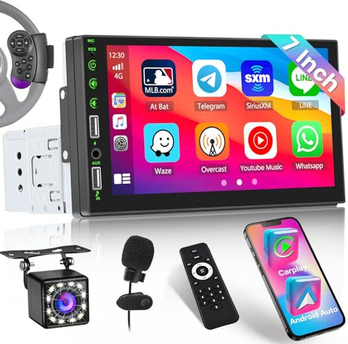 Inefala 1 DIN Radio Carplay con Mic+Cámara Trasera+Mandos a Distancia, 7 Pulgadas Pantalla Táctil Radio de Coche Bluetooth con Android Auto Mirror Link FM Radio USB SWC