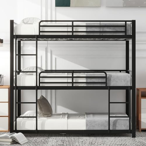 HYUB Kinderbett Metallbett 90 x200 cm*3 für 2 Kinder und Erwachsener mit Seitenleiter, Dreifaches Etagenbett mit Rausfallschutz und Lattenrost aus Metall, Schwarz