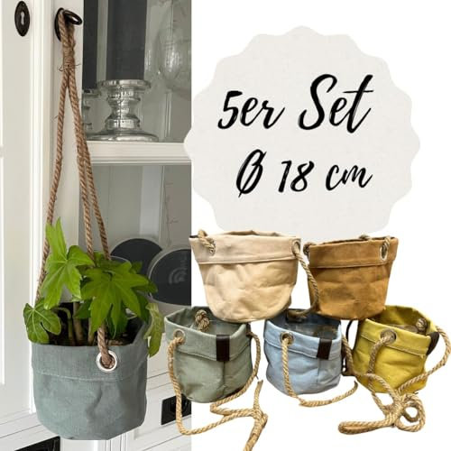 Bada Bing 5er Set Blumenampel Aufbewahrungskorb Baumwolle-Leinen Optik für Pflanzen Ø 18 cm - Pflanzkorb hängend aus Stoff mit Kordel - Blumentopf wasserdicht und faltbar in Pastell für Balkon Garten