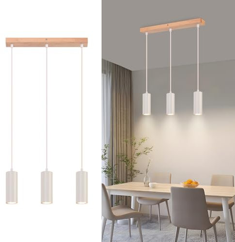 Glitzerlife Lámpara Colgante de Madera - 3 Bombillas para Comedor, Cocina y Pasillo - Estilo Vintage Rústico Blanco - GU10