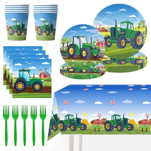 FRYAMCF 61 PCS Tractor Theme Birthday Tableware Set - Farm Tractor Plates, Cups, Napkins, Tablecloth - Serves 10 Guests