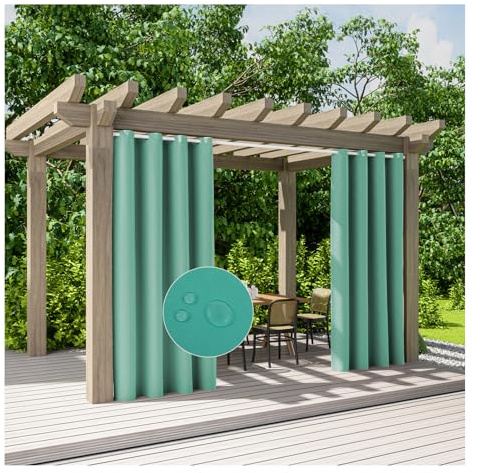 Outdoor Vorhang Wasserdicht mit Ösen Oben, Blickdicht Wetterfest Sonnenschutz Vorhänge Sichtschutz Gardine für Garten Pavillon Terrasse Veranda (2 Stück | 140X260cm(B X H),Grün)