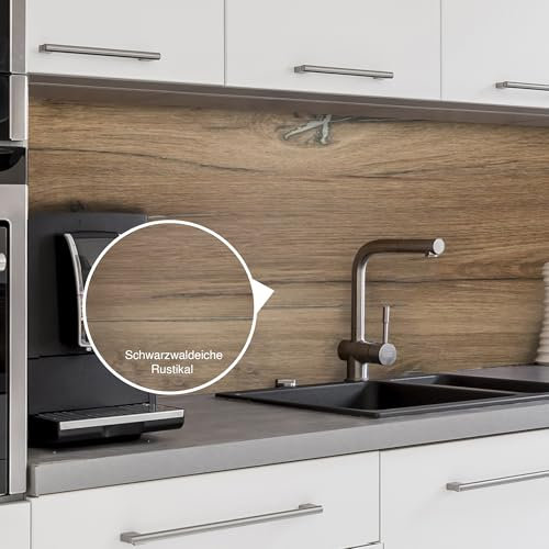 Premium Küchenrückwand, individueller Größenzuschnitt – Einfach zu montierende PVC-Wandverkleidung für die Küche – Hitzebeständiger Spritzschutz aus Kunststoffplatten – Schwarzwaldeiche rustikal