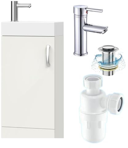 BELOFAY Under Sink Bathroom Cabinet Floor Standing Storage Cupboard Basin vanity Unit, 400mm Laquered Cloakroom vanity unit with basin, Trap and Waste, Tap not included (New York White)