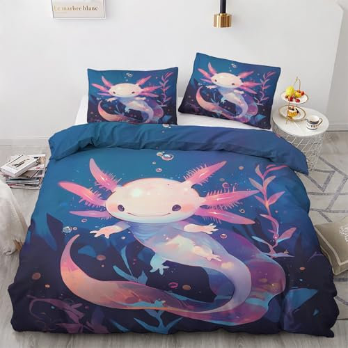 Axolotl Bettwäsche 135x200 Sommer - Kinder Bunte Tiere Bettbezug 135 x 200 2er Set mit Kissenbezug 80x80, Weiche Mikrofaser Sommerbettwäsche mit Reißverschluss für Schlafzimmer Deko C&230