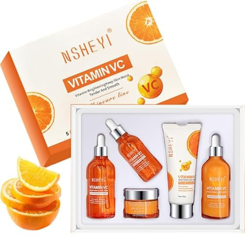 5-teiliges Vitamin-C-Hautpflege-Set für Damen, Beauty-Hautpflege, feuchtigkeitsspendendes Gesichts-Reisegrößen-Set mit Gesichtsreiniger, Gesichtsserum, Gesichtscreme, Toner und Lotion, Anti-Aging-Haut