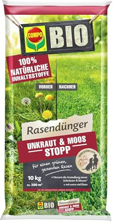 COMPO BIO Rasendünger Unkraut & Moos Stopp - verhindert Ansiedlung von Moos und Unkräutern - 100% natürliche Inhaltsstoffe - 10 kg für 200m²