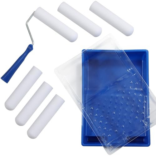 Mini Rouleau de Peinture en Mousse, Petit Rouleau de Mousse, Petit rouleau et Bac pour peindre bois, métal, plinthes, rebords fenêtre, portes