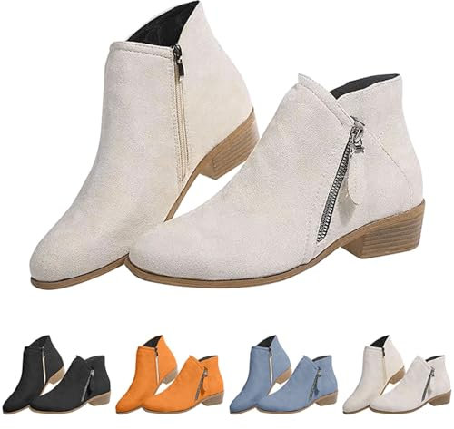 Stivaletti da donna con tacco basso, alla caviglia, da donna, in pelle scamosciata, a punta, con chiusura lampo laterale, stivali corti, tinta unita, comodi da donna, bianco, 37 EU