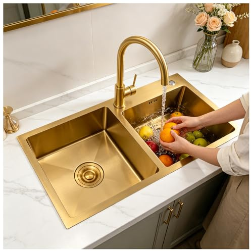 HZKSINNK Éviers de cuisine, évier de cuisine en acier inoxydable en or, grand lavabo à double bol carré, lavabo nano avec kit de vidange, sous-incréateur/mound top, facile à nettoyer(80x45cm)