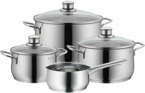 WMF Diadem Plus - Batería de Cocina 4 Piezas, Acero Inoxidable Apto para Inducción, 1 Cacerola Baja de 20 cm, 2 Cacerolas Altas de 16 cm y 24 cm, 1 Cazo 16 cm con 3 Tapas de Cristal