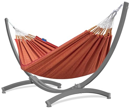 Potenza Outdoor Hängematte mit Tytan Gestell für 2 Personen I 100% Baumwolle Medelin Doppelhängematte 230x160 cm, 200kg I Hängemattengestell 350kg (Verzinktes Gestell Grau, Medellin Double Chilli)