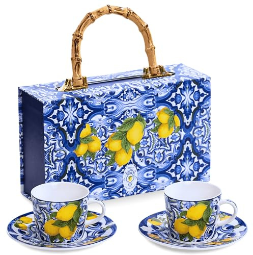 DIVINA Italian Design, Set Kaffeetassen Amalfi aus Keramik mit Untertassen, Blau, Geschenkbox - SF185