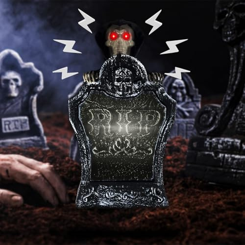 Lets Joy Halloween Grabsteine Deko, Halloween RIP Friedhof Grabsteine, Beweglicher Skelettschädel LED, Horror Totenkopf Requisiten, Sprachaktivierung Garten Party Spukhaus Dekoration