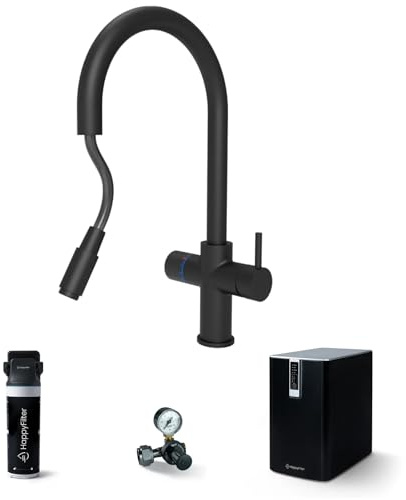 HappyFilter FizzRed Wassersprudler Wasserkocher | gekühlt | gesprudelt | kochend| 5in1 Flex Black Wasserhahn | Kalkfilter | Wasserspender | Büro | Küche | Festwasseranschluss |2kg CO2 Adapter