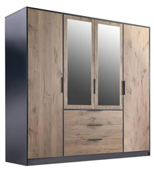 Vente-unique - Armoire 4 Portes et 3 tiroirs - avec miroirs - L196 cm - Coloris : Naturel et Noir - LAMIKI
