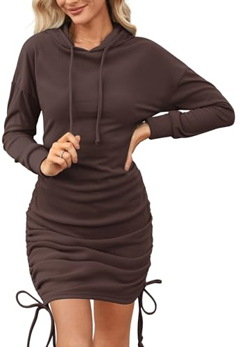 Aottori Women Brown Hoodies Dress Ladies Pullover Long Sleeve Sweatshirt Dresses Casual Solid Ruched Thermal Fleece Hooded Tops Dark Brown S