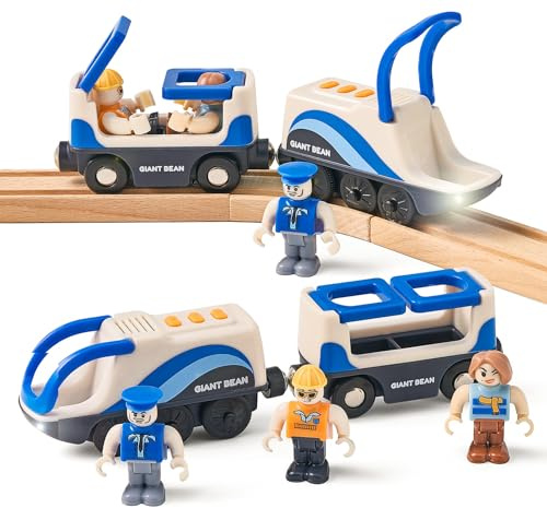 Elektrische Eisenbahn für Holzschienen 5-teilig Elektrische Zug Set mit 2 magnetischen Lokomotiven + 3 Figuren - Blaue Holzeisenbahn Zubehör für Kinder ab 3 Jahren - Kompatibel mit 4cm Spurweite
