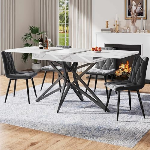 Lahoomu Esstisch-Set (120/160 × 68 cm Esstisch mit 4 Stühlen), Weiß Ausziehbarer Esstisch, Küchen-Set, Esszimmerstühle, Dunkelgraue Küchenstühle Samt, Schwarze Tischbeine