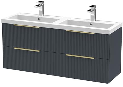 Balterley Vanity Unit with Basin Wall Hung, 4 Drawer Soft Close with 2 Rectangular Sink and Handles, Bathroom Vanity Units with Basin, Fluted Front Sink Cabinet - 1205 x 383 x 540mm (Dark Grey)