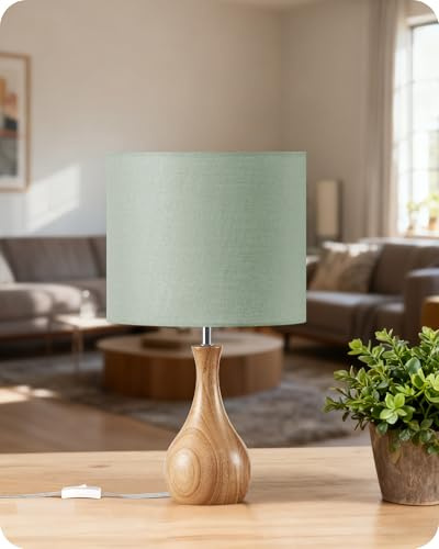 GOEBLESON Small Table Lamp, Wood Desk Lamp with Bottle-Shaped Base and Linen Lampshade, Bedside Lamp with Cable, E27 LED Bulb Included, for Living Room, Bedroom, Sage Green and Natural ZMJ09TLK05