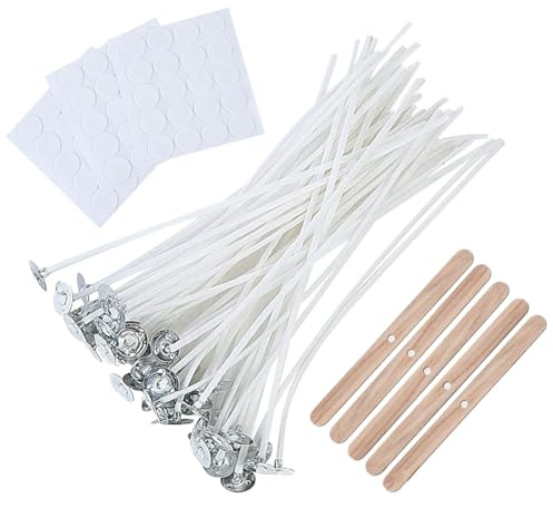 Pqahffowr 20CM Bulk Candle Wicks 100 Pcs with Candle Wick Stickers and Wooden Candle
